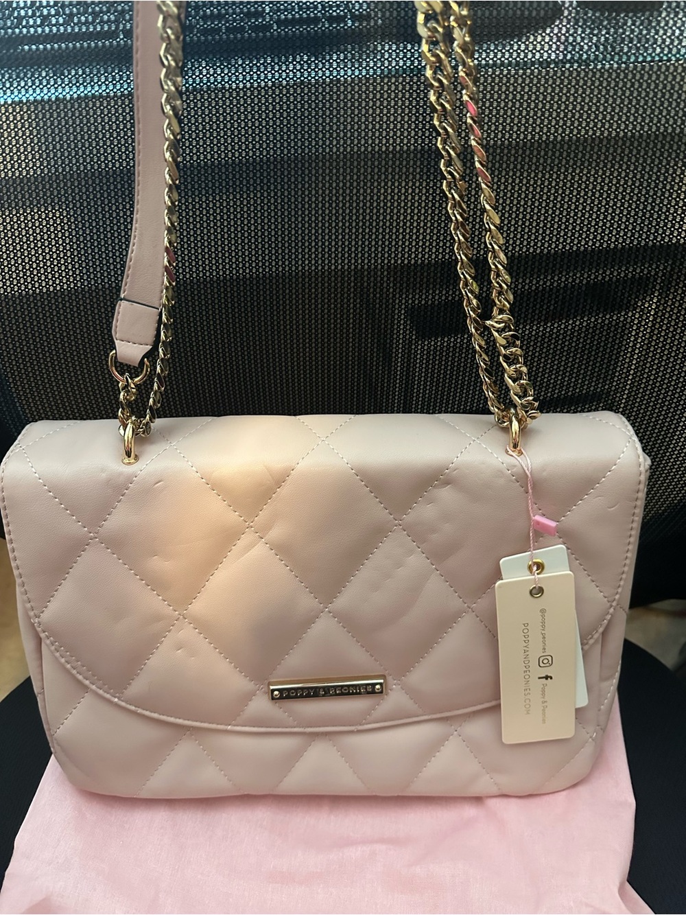 Poppy & Peonies Quilted Light Pink Shoulder Bag with Gold Chain Strap